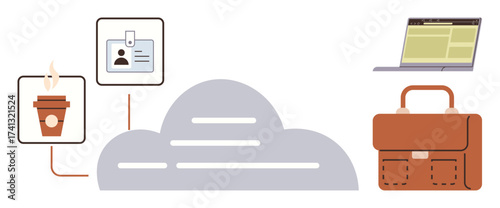 Cloud computing concept connecting coffee, ID badge, briefcase, and laptop. Ideal for technology, productivity, remote work, business digital office smart work efficient systems. Simple flat