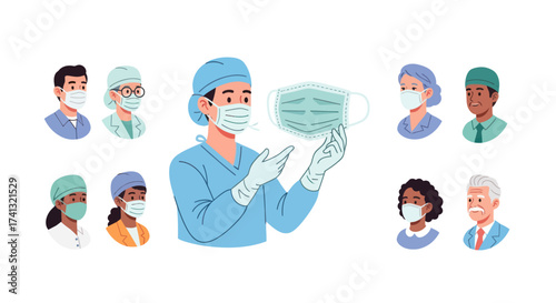 Illustration of a doctor in a surgical mask and cap with portraits of diverse people wearing masks.