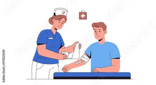 Female Nurse Taking Blood Sample from Male Patients Arm in Medical Clinic Illustration.