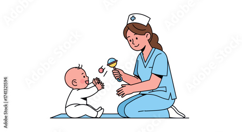 Nurse playing with a baby using a rattle providing care and entertainment.