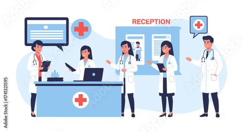 Vector illustration of a medical team of doctors and staff at a hospital reception desk.