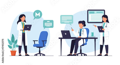 Medical Professionals in White Coats Working with Technology.