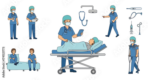 Cartoon Medical Staff Patients and Hospital Equipment Illustrations Set.