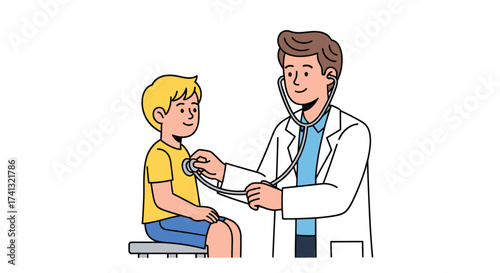 Doctor examining a young boy with a stethoscope during a medical check-up.