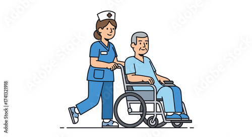 Nurse Pushing Elderly Patient in Wheelchair Healthcare Illustration.