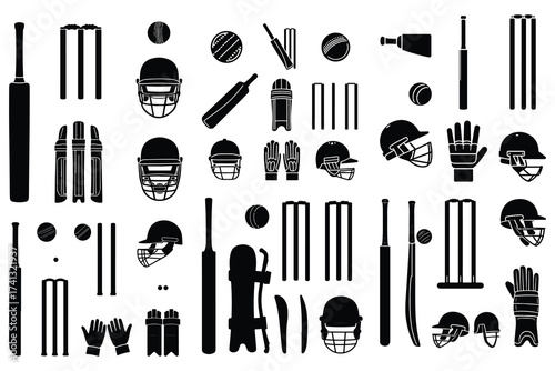 Black silhouette cricket equipment collection sport