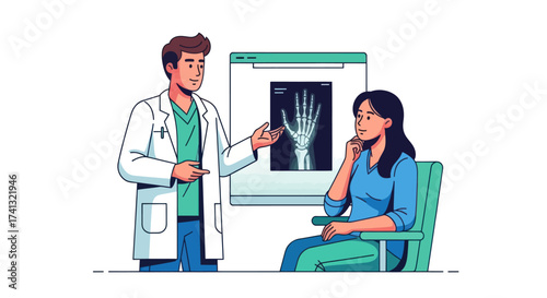 Doctor Explaining Hand X-ray to Concerned Female Patient.