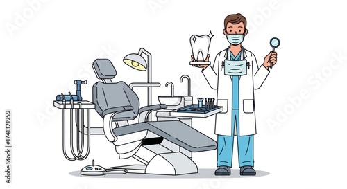 Dentist in a White Coat Holding a Tooth Model and Dental Mirror.