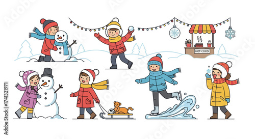A collection of cute cartoon children enjoying various winter activities like building a snowman sledding and ice skating.