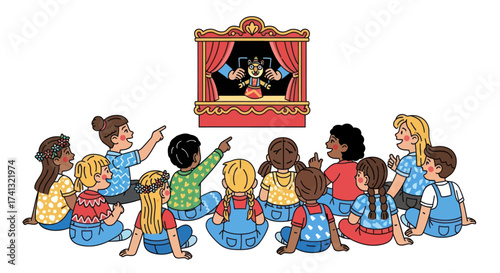 Children Watching a Colorful Puppet Show Performance.