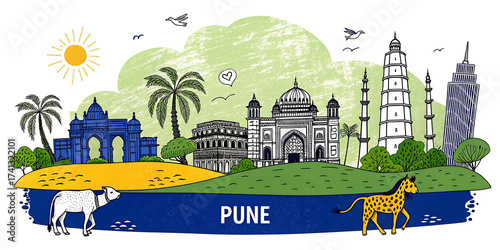 Pune Skyline Illustration: Vibrant Cultural Landmarks & Historical Monuments in Ultra-Detail
