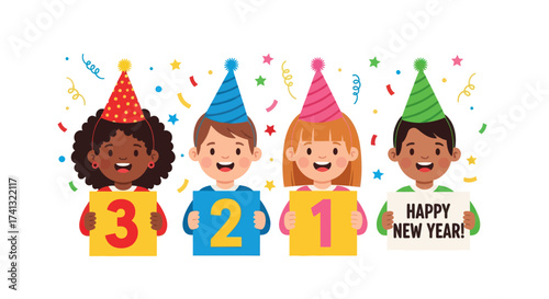 A diverse group of happy cartoon children in party hats celebrating the New Years Eve countdown.