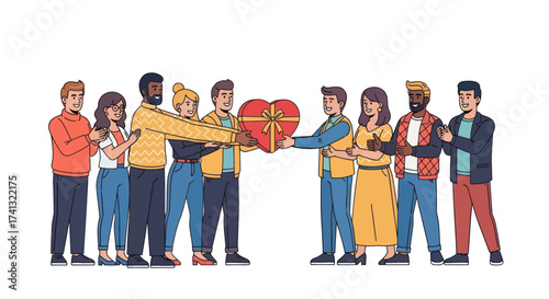 Diverse group of people sharing a large red heart gift.