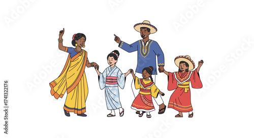 An illustrated group of diverse people and children in traditional cultural clothing dancing together.