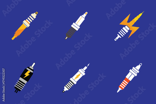 Creative Car Spark Plug Design Set with Lightning Bolts on Blue Background Automotive Ignition Components Illustration
