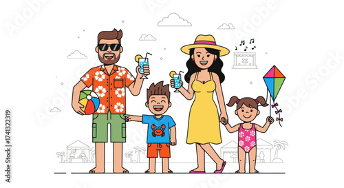 Family Vacation Illustration: Parents and Children Enjoying a Tropical Holiday.