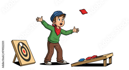 Young Boy Excitedly Playing Cornhole Throwing Beanbag.
