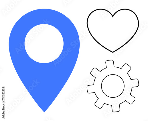 Blue location marker, heart outline, gear outline depict navigation, love, and functionality. Ideal for travel, relationships, teamwork technology efficiency connection workflow themes. Simple