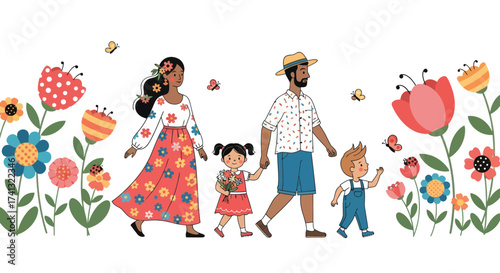 Family Walking Together in a Flower Garden Illustration of Parents and Children.