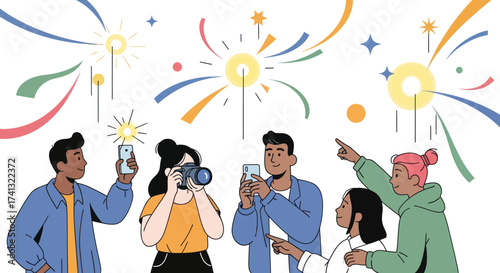 Diverse group of people enjoying a vibrant fireworks display together.