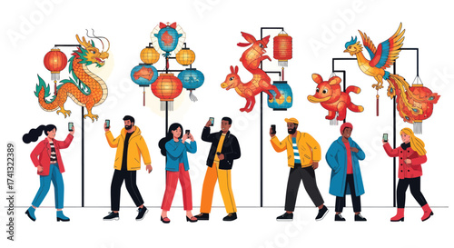 A diverse group of modern people celebrating a Chinese festival with large ornate mythical lanterns.