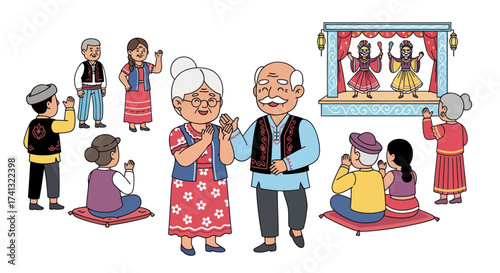 Happy cartoon elderly couple and diverse group enjoying traditional puppet show.