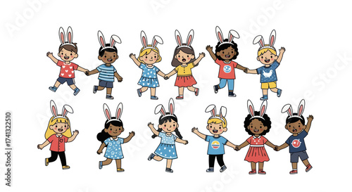Obraz na plátně Diverse Group of Children Wearing Bunny Ears and Holding Hands Celebrating Easter