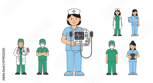 Diverse group of medical professionals in uniform holding equipment.