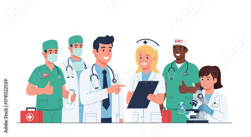 Diverse Medical Team: Doctors Nurses and Healthcare Professionals Collaborating in Uniforms.