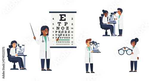 Diverse Optometrists Examining Eyesight with Various Tools and Charts.