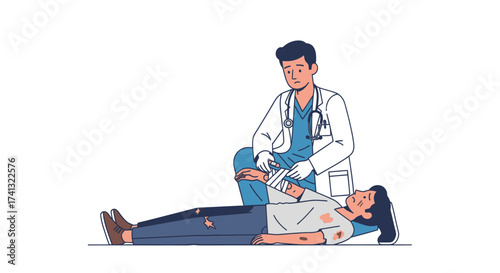 Doctor Attending to Injured Patient Lying Down Providing Medical Assistance.