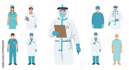 Diverse Medical Professionals in Uniforms and Protective Gear.