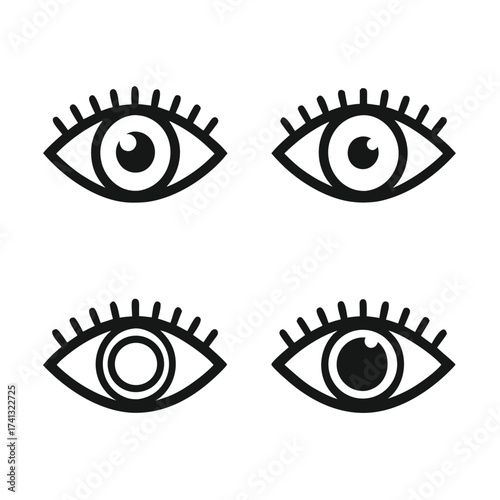 Four black stylized eye icons with eyelashes on a white background eyes graphic