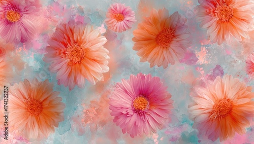Watercolor style background featuring a scattering of colorful, large daisy-like blossoms