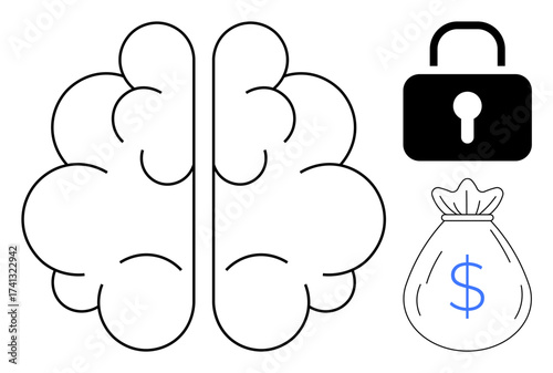 Brain illustration with locked padlock and dollar bag symbolizing intellectual property, financial security, and smart investments. Ideal for finance, innovation, data protection, and strategic