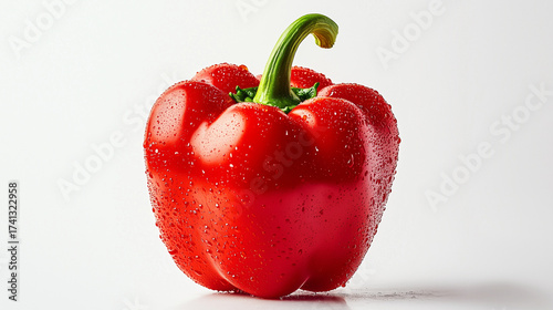  a single red bell pepper, the pepper is perfectly ripe and flawless, with a vibrant, glossy, saturated yellow skin and a fresh, crisp green stem, a few delicate, glistening droplets of water