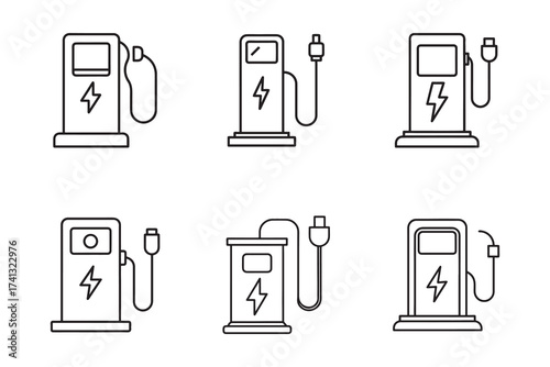 Electric Vehicle Charging Station Icons Set Outlined Style Sustainable Transportation Alternative Energy Solutions for Eco Friendly Mobility