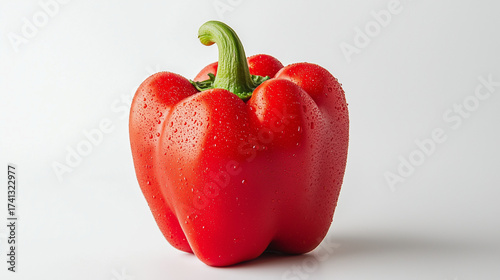  a single red bell pepper, the pepper is perfectly ripe and flawless, with a vibrant, glossy, saturated yellow skin and a fresh, crisp green stem, a few delicate, glistening droplets of water