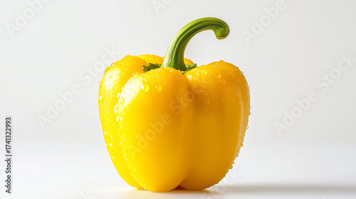 a single yellow bell pepper, the pepper is perfectly ripe and flawless, with a vibrant, glossy, saturated yellow skin and a fresh, crisp green stem, a few delicate, glistening droplets of water