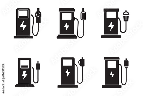 Electric Vehicle Charging Stations Icons Collection for Green Transportation and Sustainable Energy Solutions Promoting Eco Friendly Technology