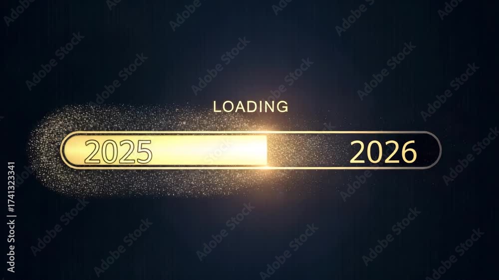 Loading bar transitioning from 2025 to 2026 with sparkles