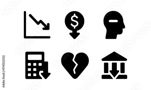 Economic crisis icons: decline, money loss, calculator, heartbreak, and finance challenges