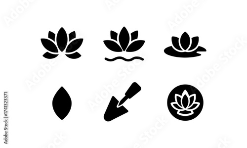 Minimalist black lotus icons set with silhouette design for wellness and nature themes