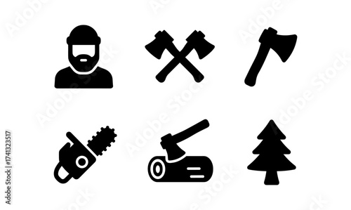 Forestry icons set: lumberjack, chainsaw, axe, tree, and log silhouette collection