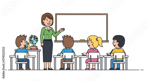 Cartoon illustration of a female teacher giving a lesson to young elementary students in a classroom.