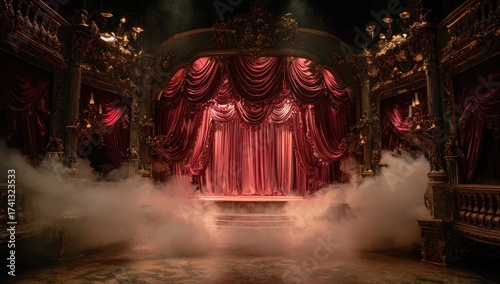Ornate opera house stage, with red curtains, ornate gold trimmings, and smoke