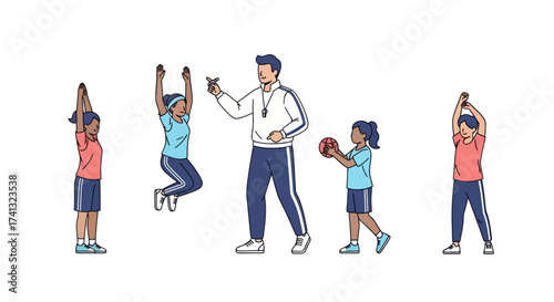 Coach Supervising Children Practicing Sports Activities Outdoors.