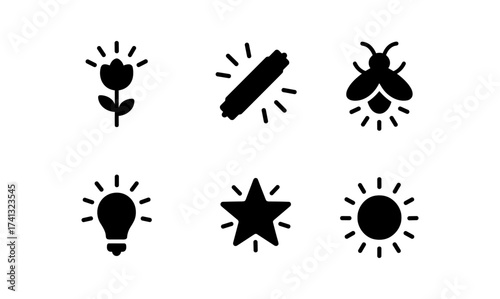 Minimalist black icons set featuring nature and light elements