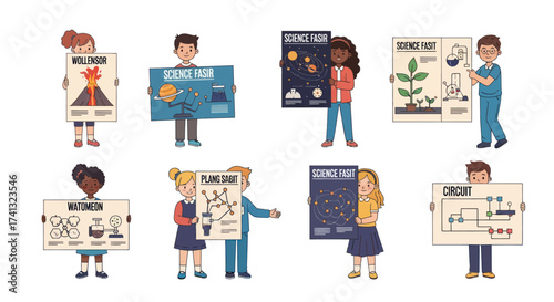 Diverse Children Holding Educational Posters with Science Diagrams.