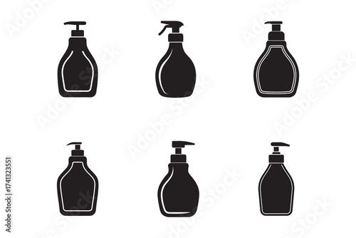 Elegant Black and White Vector Illustration of Soap and Sanitizer Bottles for Hygiene Promotion and Cleanliness Campaign